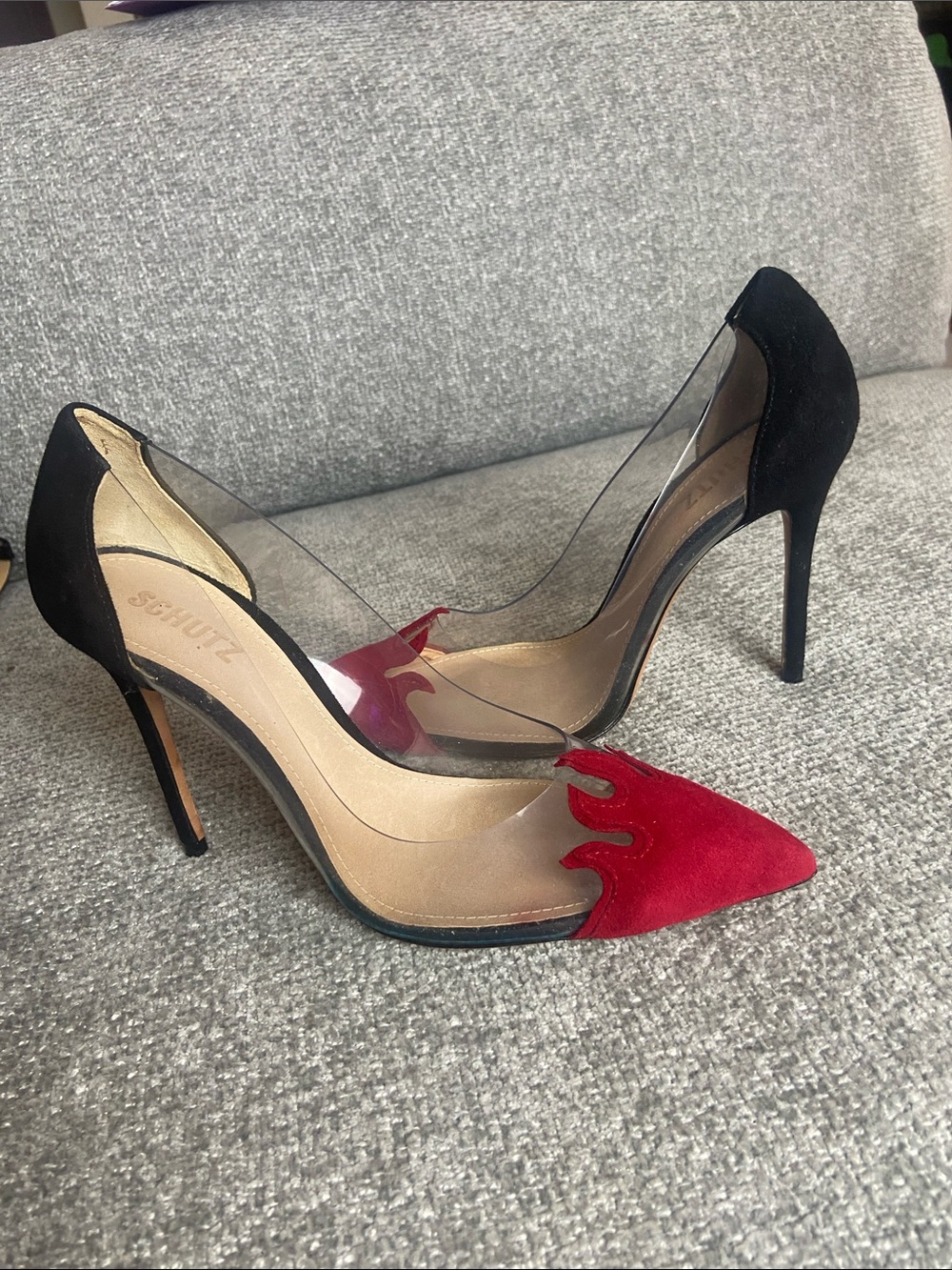 SCHUTZ Red & Black Pointed-Toe Clear Panel Stiletto Pumps size 9 narrow